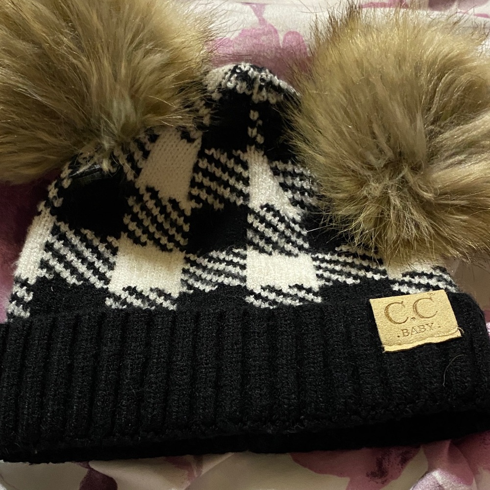 Black & White Plaid Knit Hat with Double Faux-Fur Poms